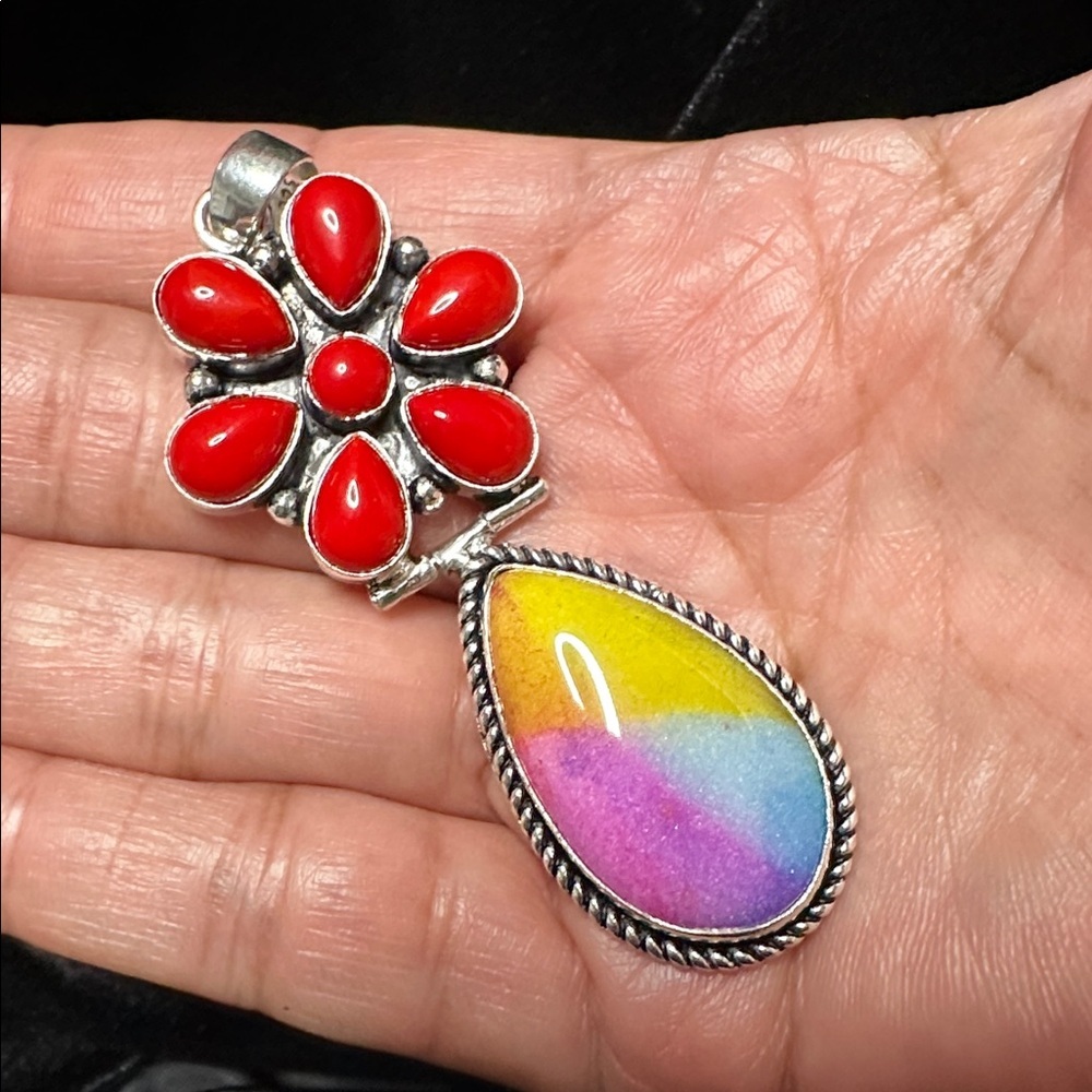 Artisan Jewelry Red Coral Floral Pendant with Multicolor Teardrop Handcrafted - Picture 15 of 15
